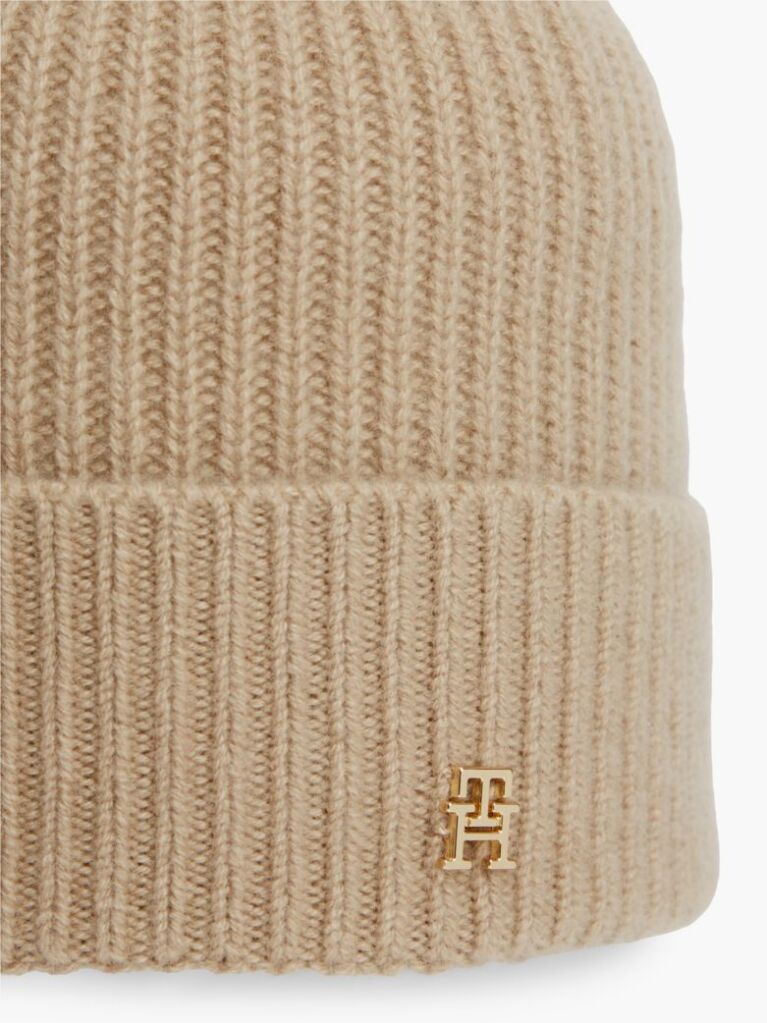 Beige Pure Cashmere TH Monogram Plaque Beanie  Women