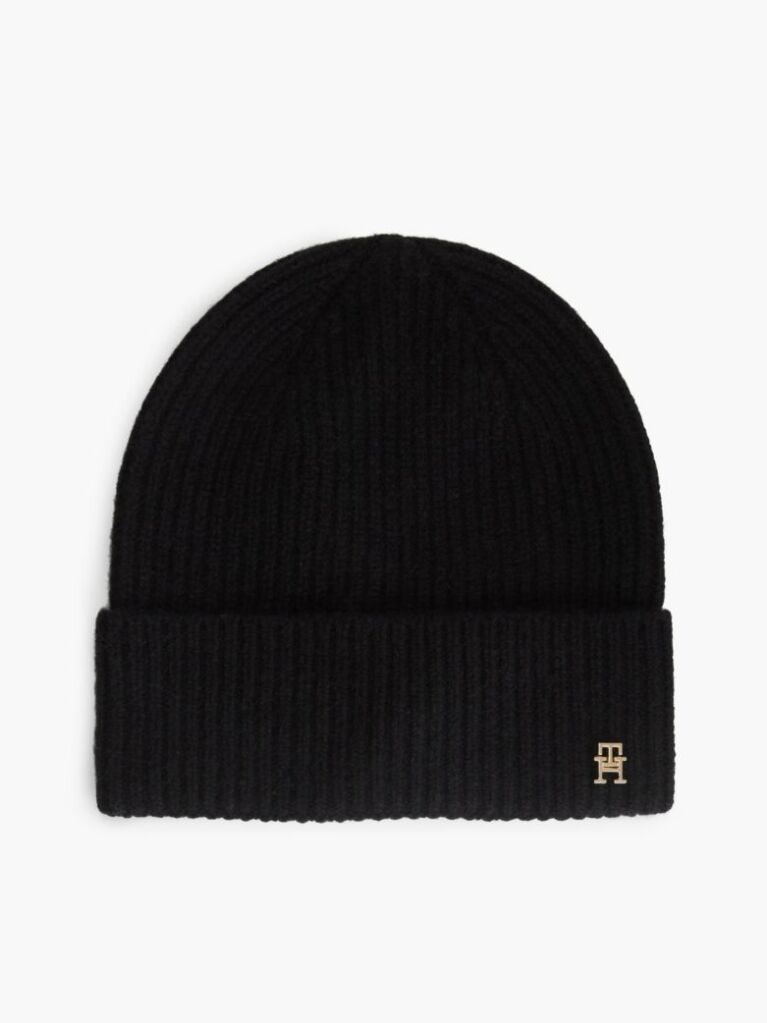 Black Pure Cashmere TH Monogram Plaque Beanie  Women