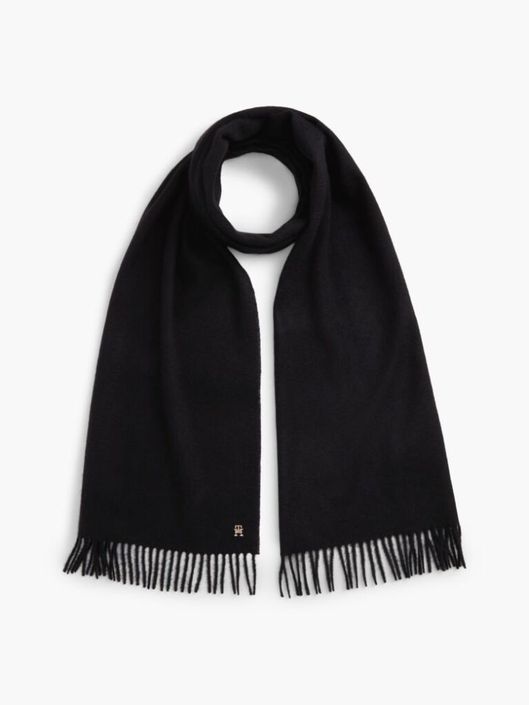 Black Pure Cashmere TH Monogram Fringe Scarf  Women