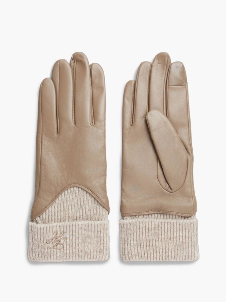 Beige Leather Wool Trim Gloves  Women
