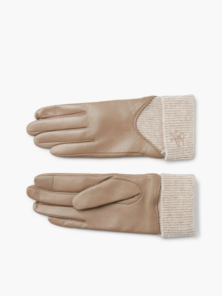 Beige Leather Wool Trim Gloves  Women