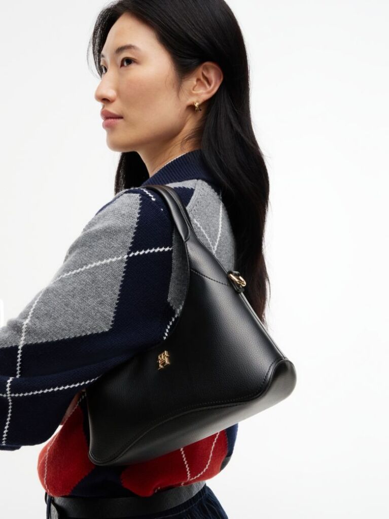 Black TH Monogram Plaque Crossbody Hobo Bag  Women