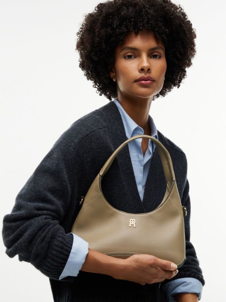 Beige TH Monogram Plaque Crossbody Hobo Bag  Women