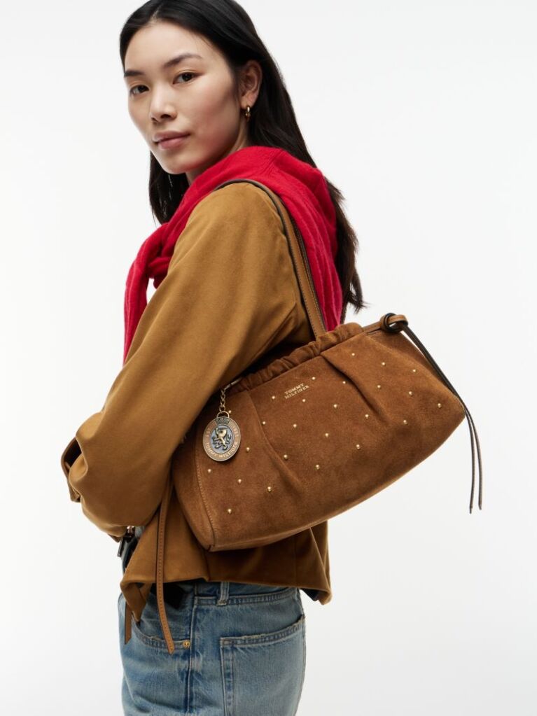 Brown Soft Suede Studded Charm Shoulder Bag  Women