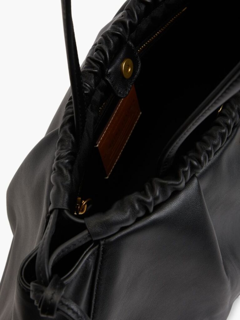 Black Soft Leather Drawstring Hobo Bag  Women