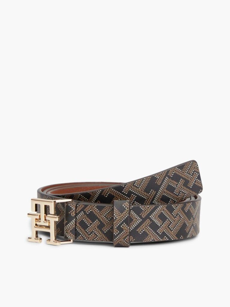 Black TH Monogram Buckle Print Leather Belt  Women