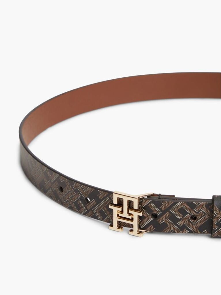 Black TH Monogram Buckle Print Leather Belt  Women