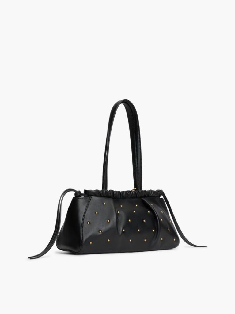 Black Soft Leather Studded Charm Shoulder Bag  Women