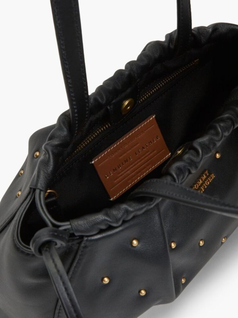 Black Soft Leather Studded Charm Shoulder Bag  Women