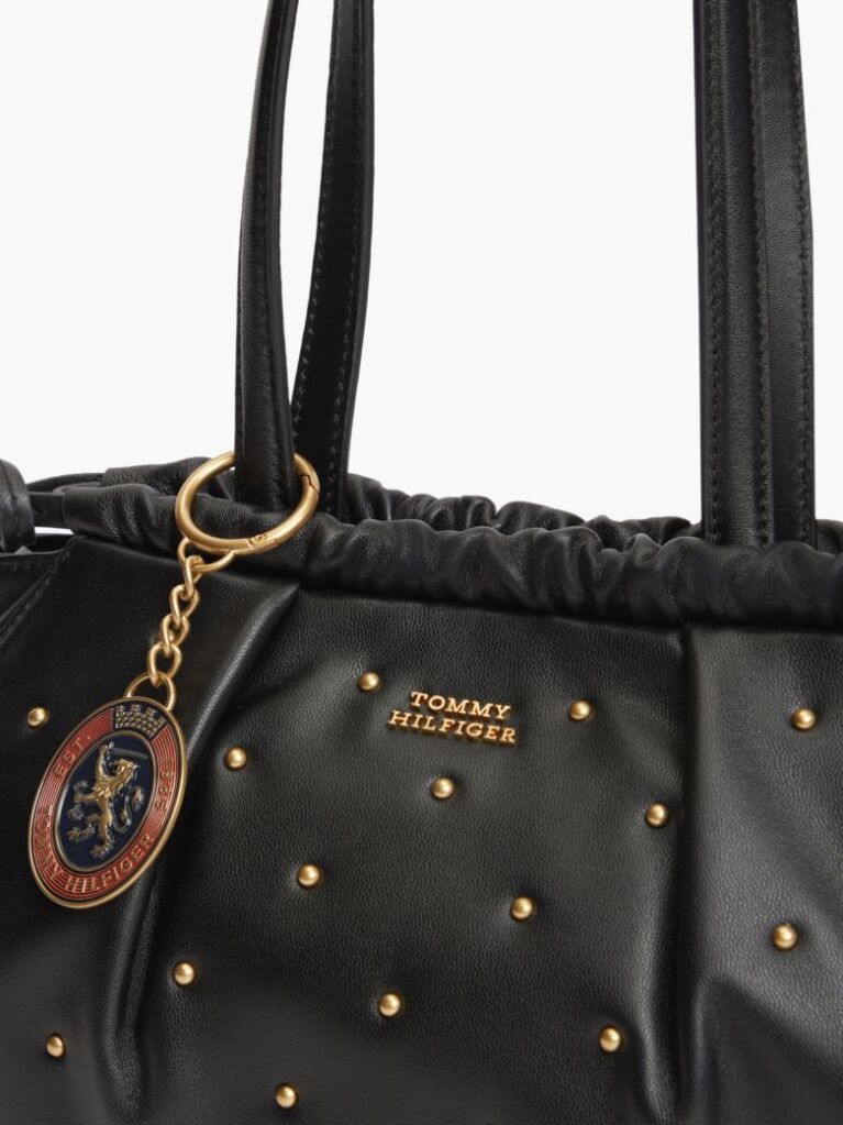 Black Soft Leather Studded Charm Shoulder Bag  Women
