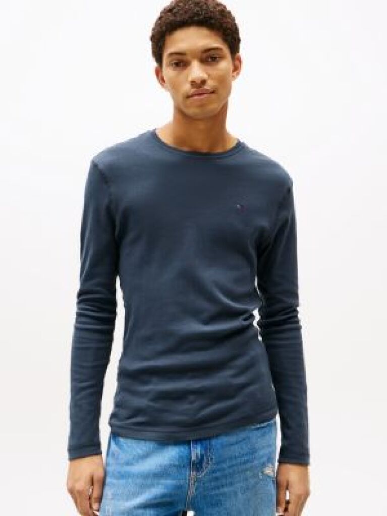 Black Long Sleeved Ribbed Organic Cotton T-Shirt.  Men