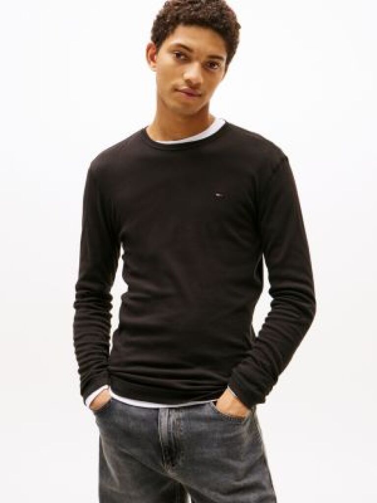 Black Long Sleeved Ribbed Organic Cotton T-Shirt.  Men