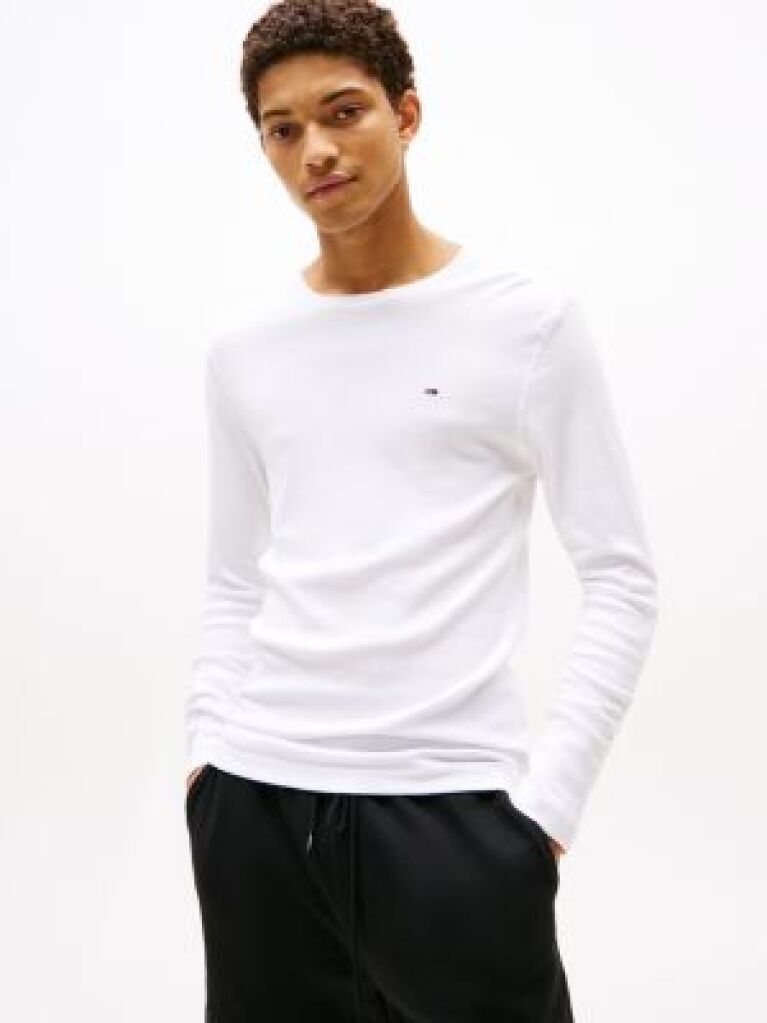 White Long Sleeved Ribbed Organic Cotton T-Shirt.  Men