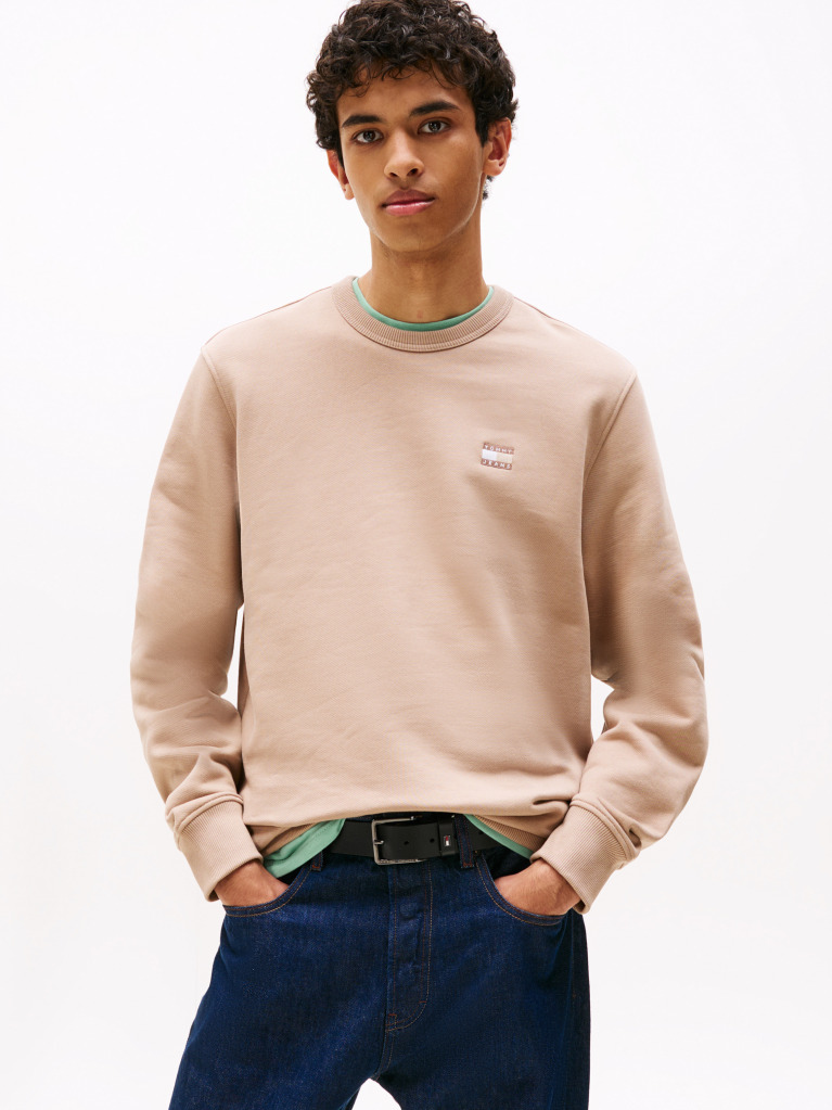 Beige Tonal Tommy Badge Crew Neck Sweatshirt  Men