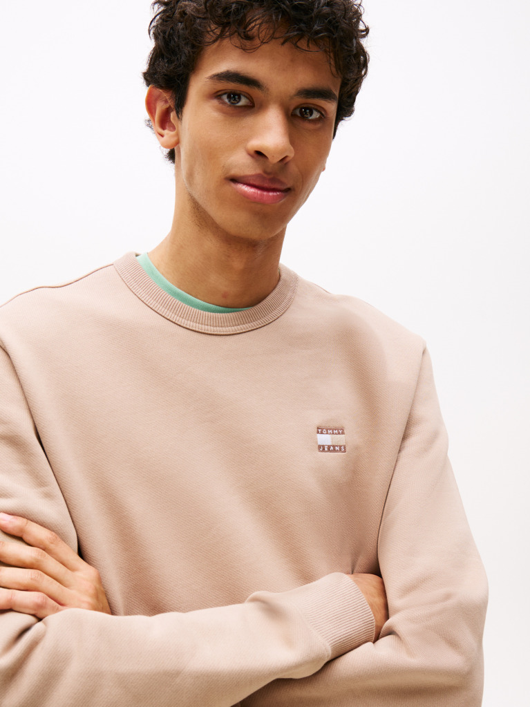 Beige Tonal Tommy Badge Crew Neck Sweatshirt  Men