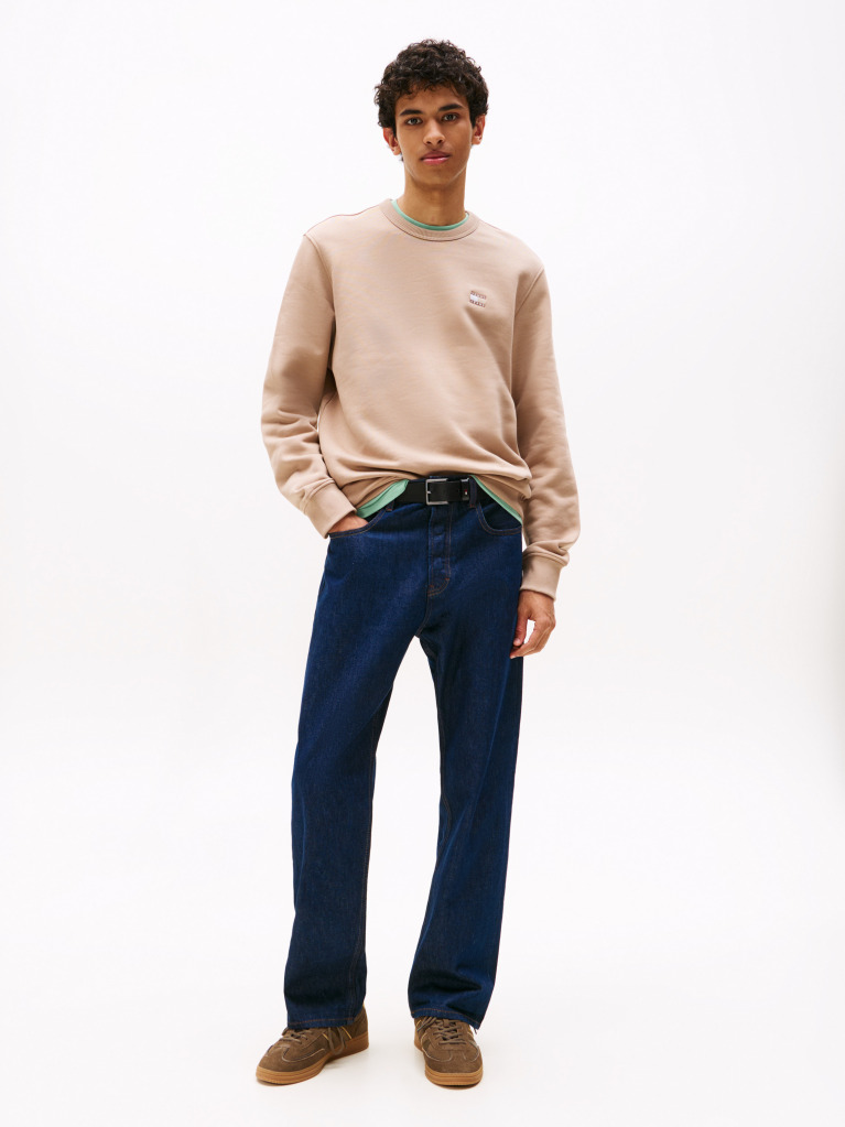 Beige Tonal Tommy Badge Crew Neck Sweatshirt  Men