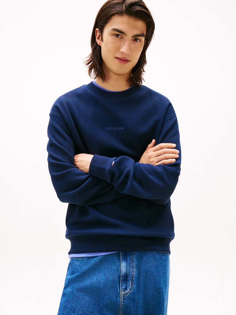 Blue Relaxed Waffle Script Crew Jumper  Men