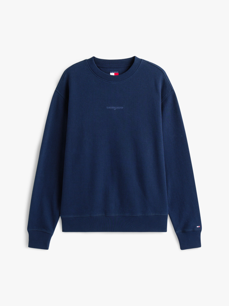 Blue Relaxed Waffle Script Crew Jumper  Men