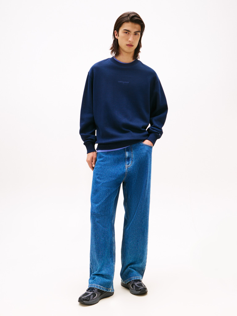 Blue Relaxed Waffle Script Crew Jumper  Men