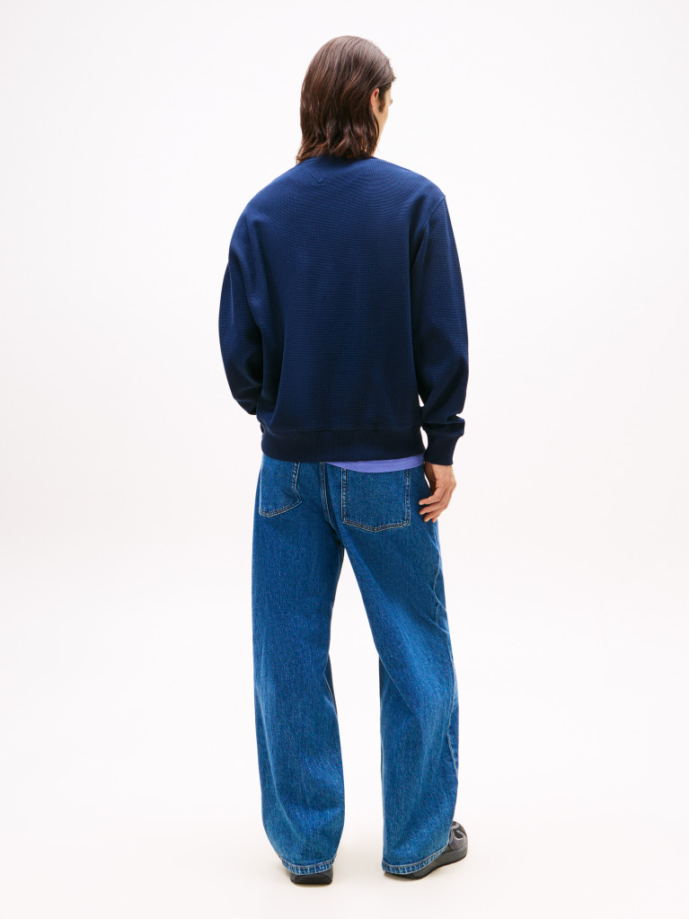 Blue Relaxed Waffle Script Crew Jumper  Men