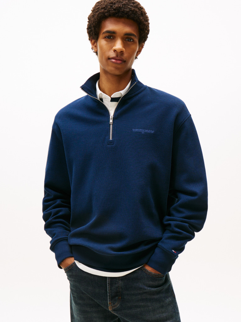 Blue Waffle Knit Quarter-Zip Relaxed Jumper  Men