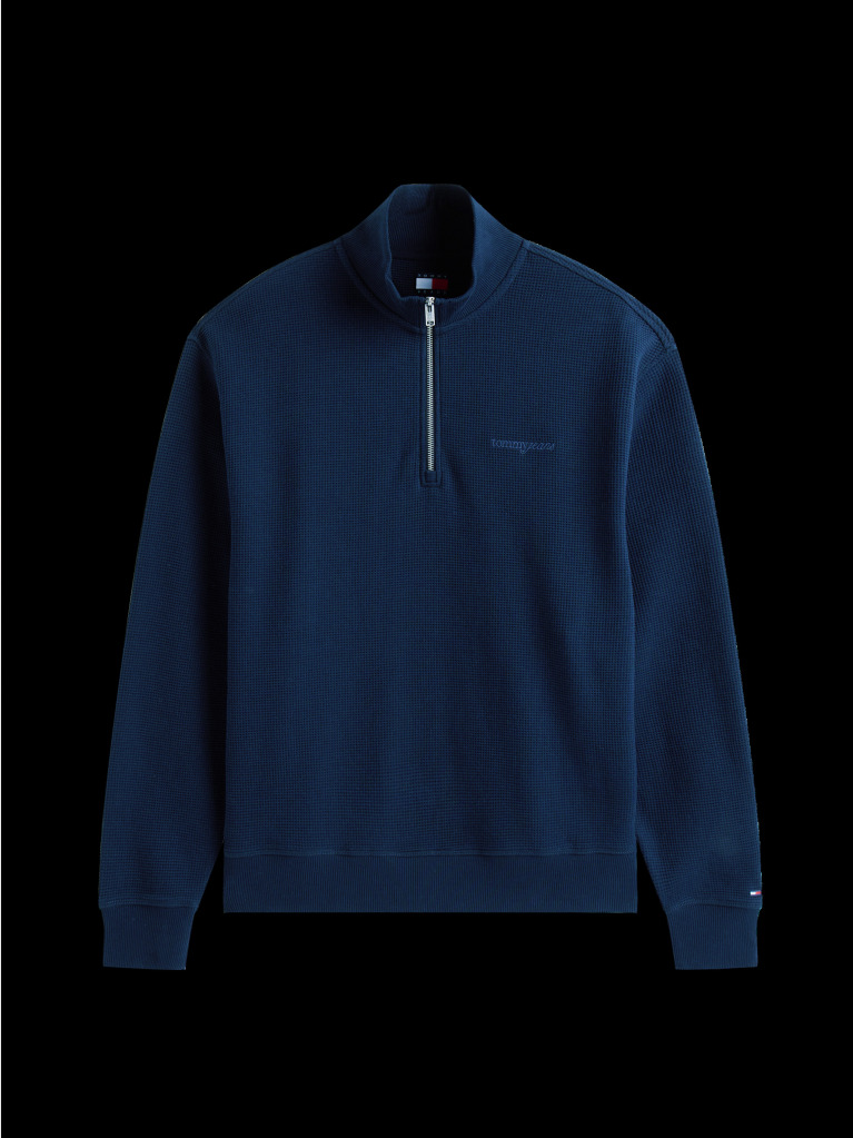 Blue Waffle Knit Quarter-Zip Relaxed Jumper  Men