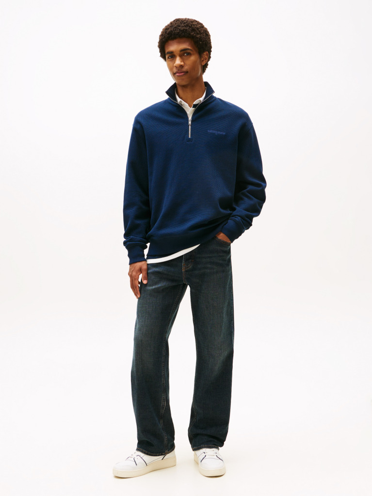Blue Waffle Knit Quarter-Zip Relaxed Jumper  Men