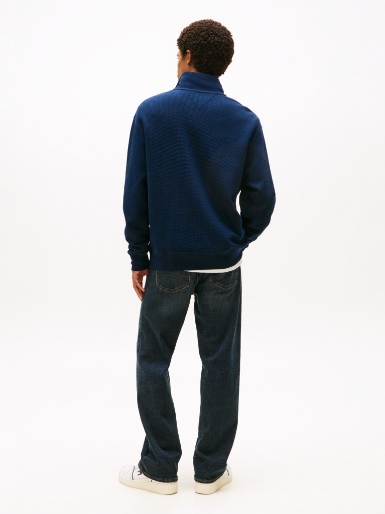 Blue Waffle Knit Quarter-Zip Relaxed Jumper  Men