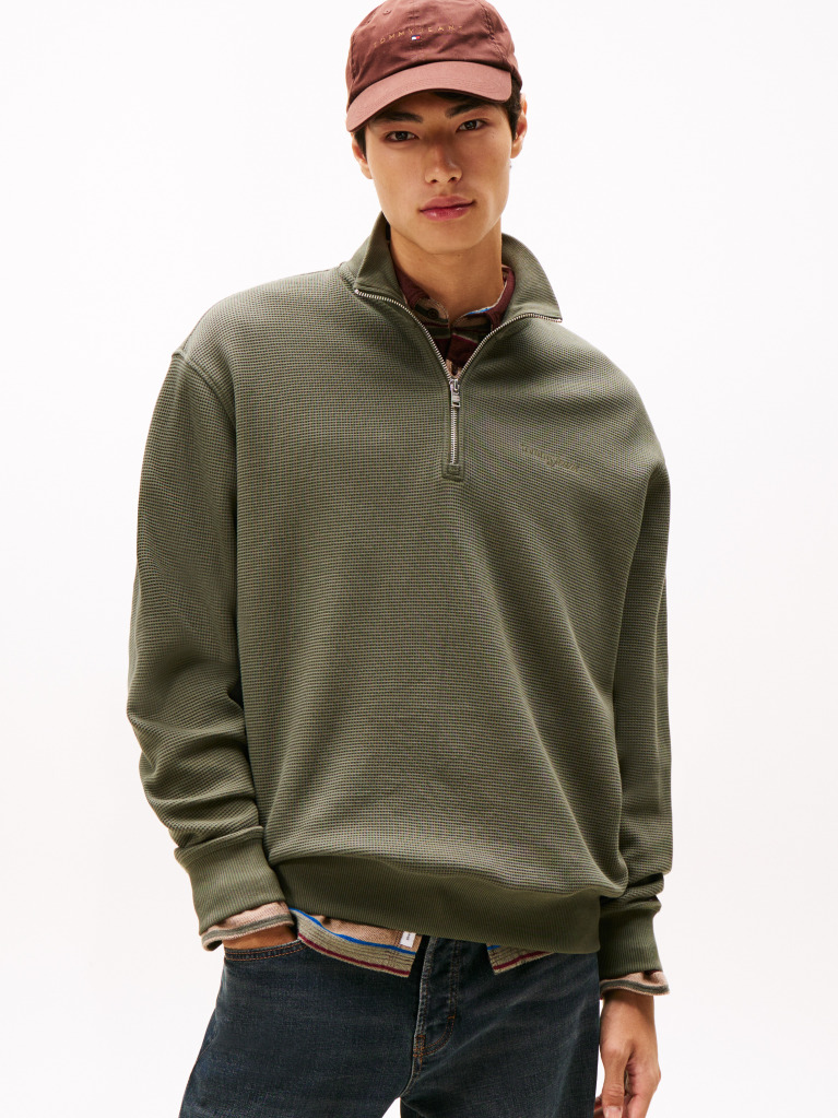 Green Waffle Knit Quarter-Zip Relaxed Jumper  Men