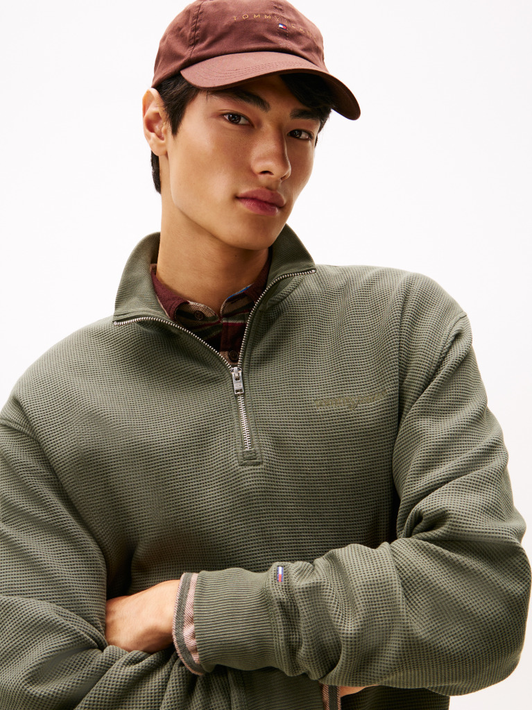 Green Waffle Knit Quarter-Zip Relaxed Jumper  Men