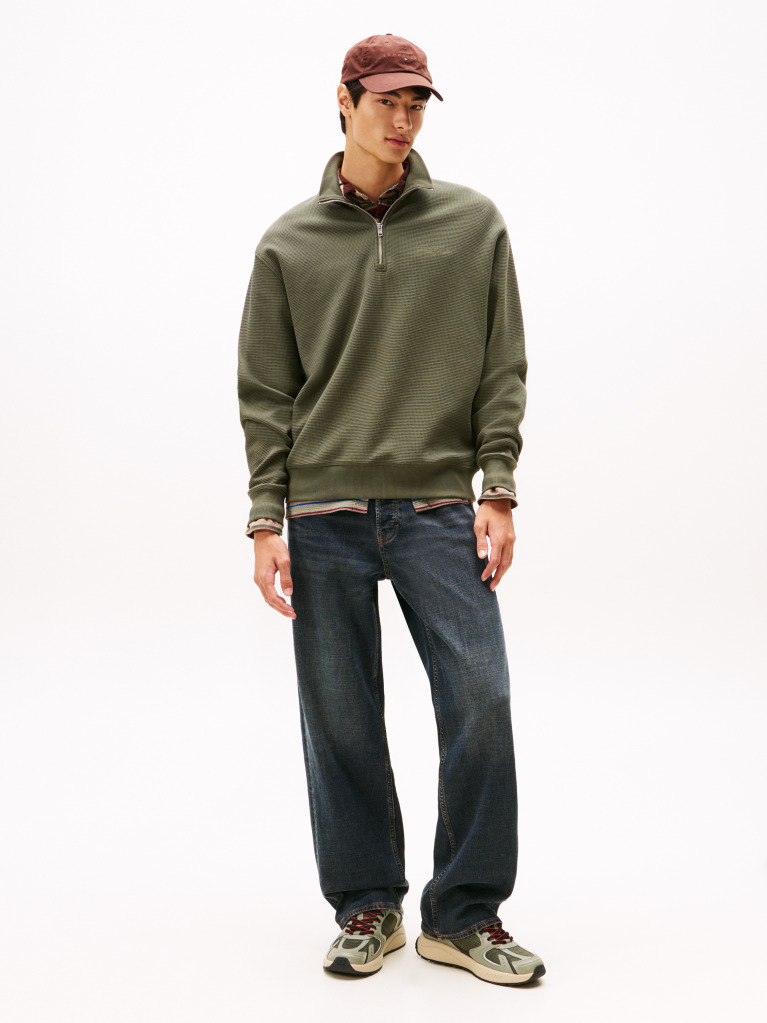 Green Waffle Knit Quarter-Zip Relaxed Jumper  Men