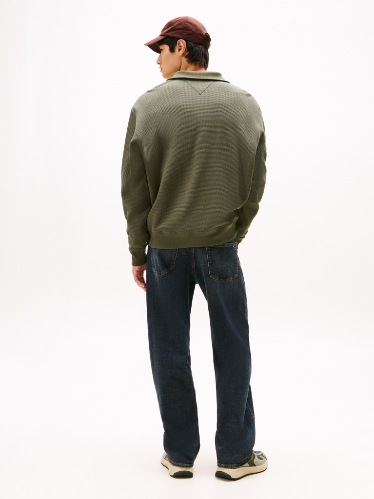 Green Waffle Knit Quarter-Zip Relaxed Jumper  Men
