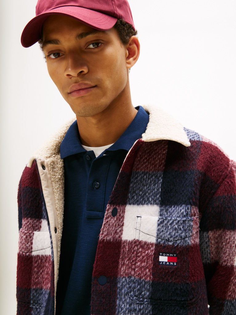 Multi Oversized Fit Check Teddy Collar Overshirt  Men