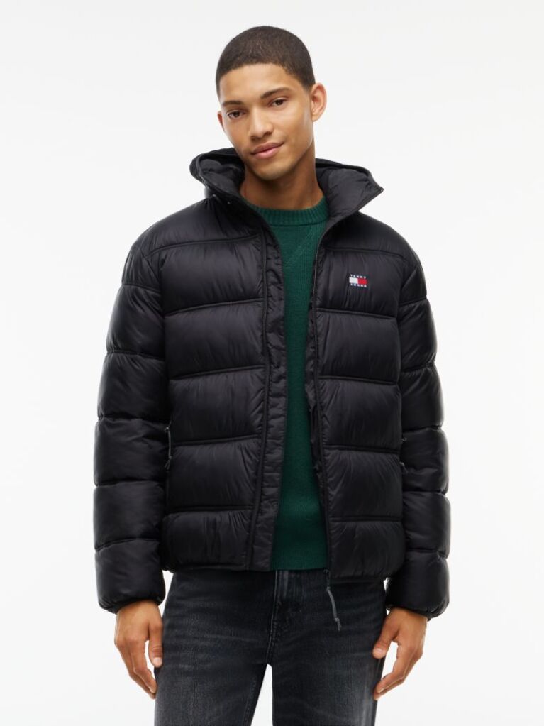 Black Tonal Logo Hooded Puffer Jacket  Men