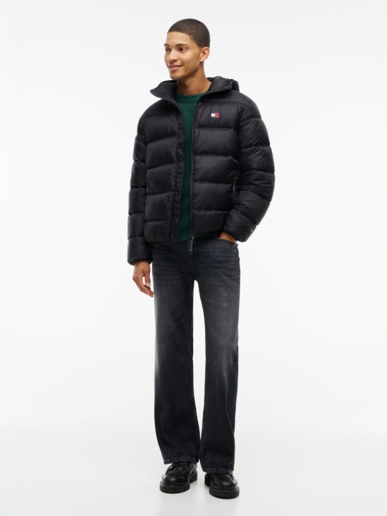 Black Tonal Logo Hooded Puffer Jacket  Men
