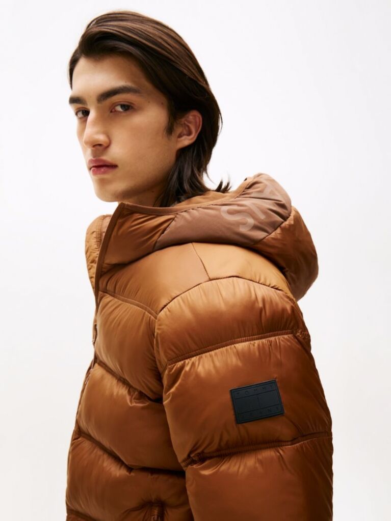 Brown Tonal Logo Hooded Puffer Jacket  Men