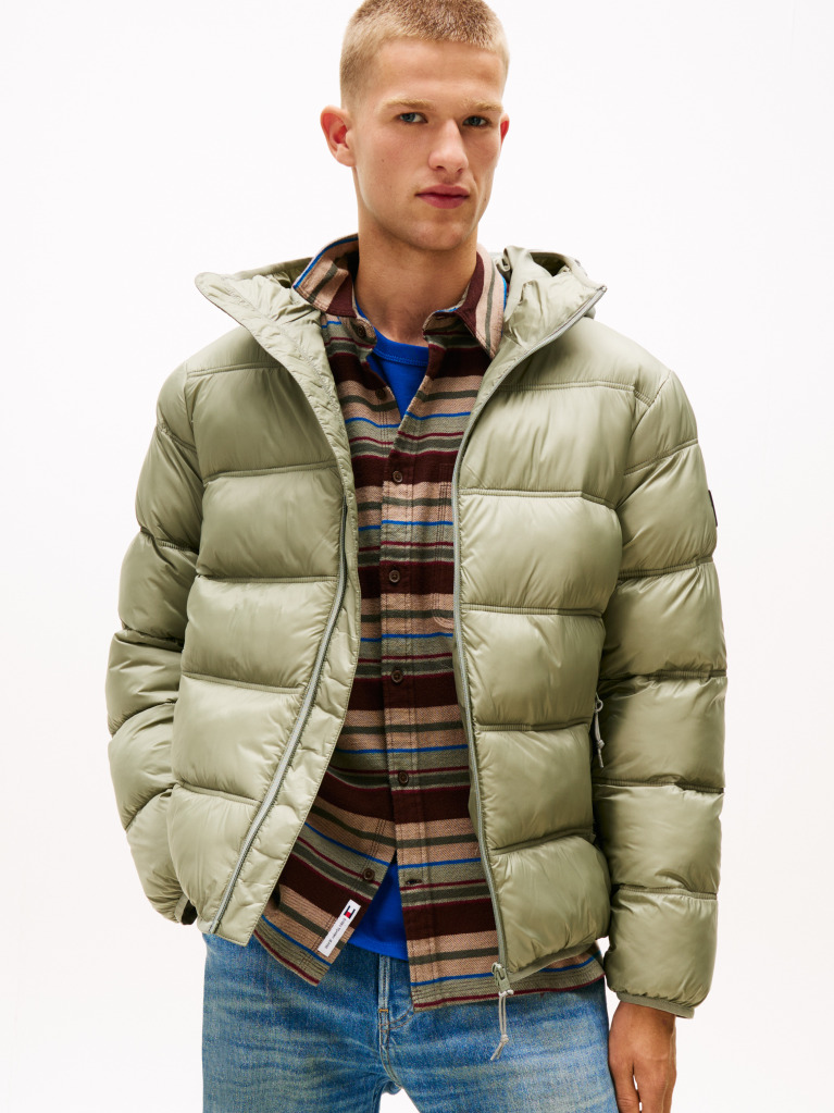 Green Tonal Logo Hooded Puffer Jacket  Men