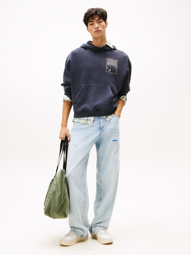 Black 90s Back Photo Print Washed Hoody  Men