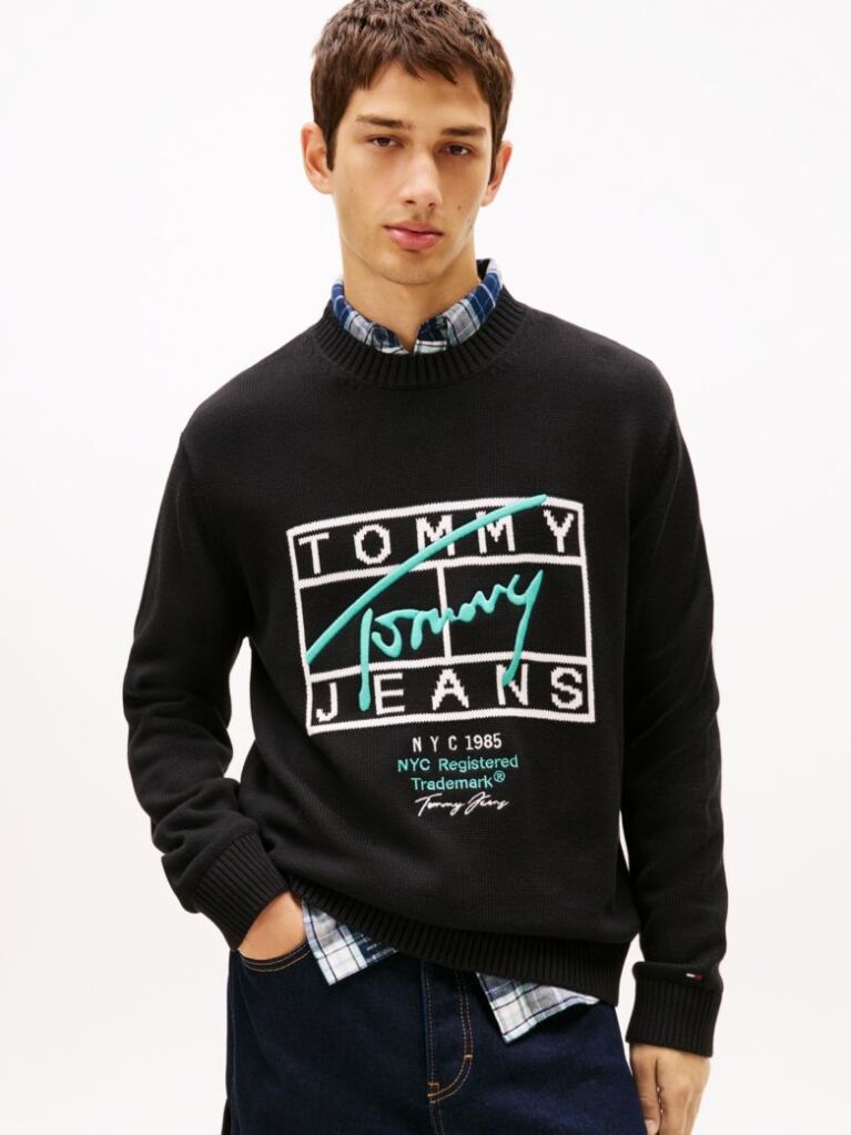 Black Intarsia Logo Crew Neck Jumper  Men