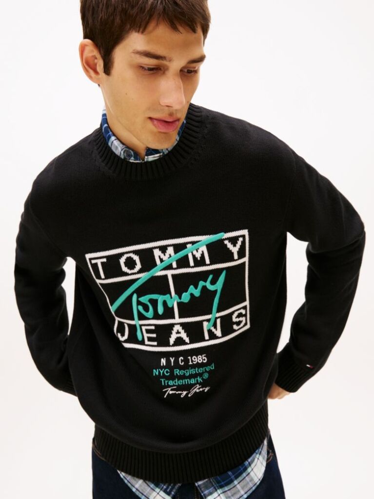 Black Intarsia Logo Crew Neck Jumper  Men