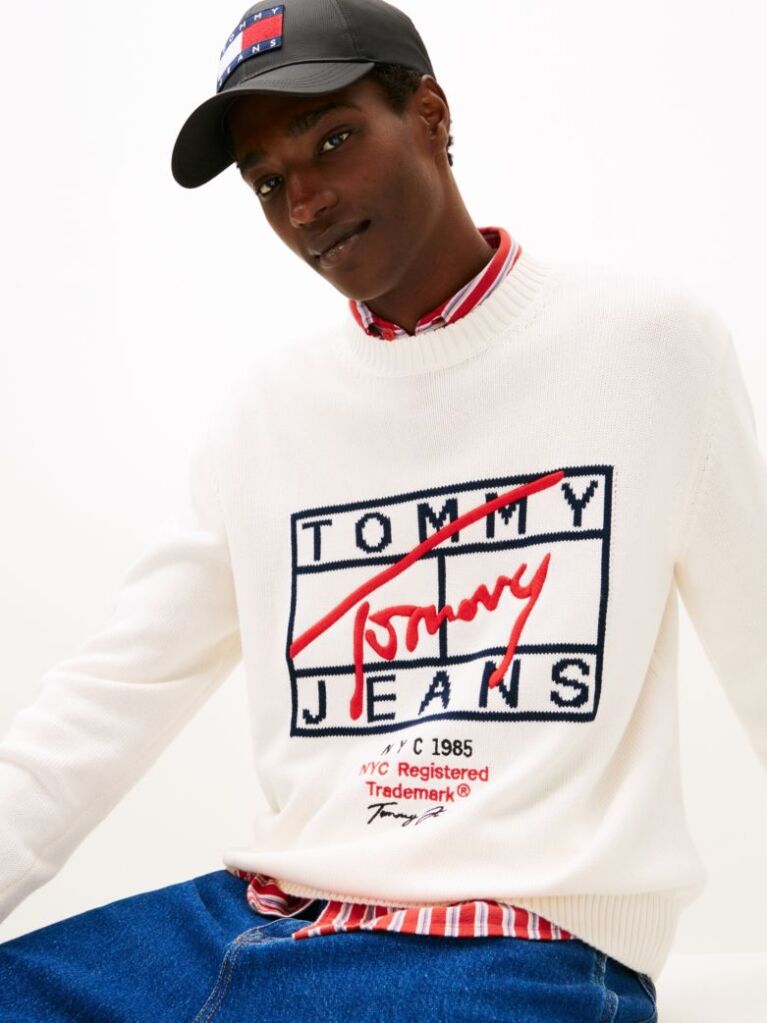 White Intarsia Logo Crew Neck Jumper  Men