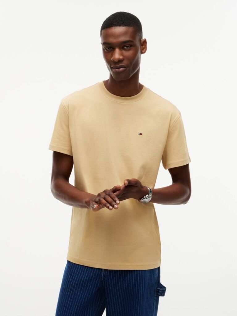 Beige Tommy Flag Crew Neck T-Shirt  Men