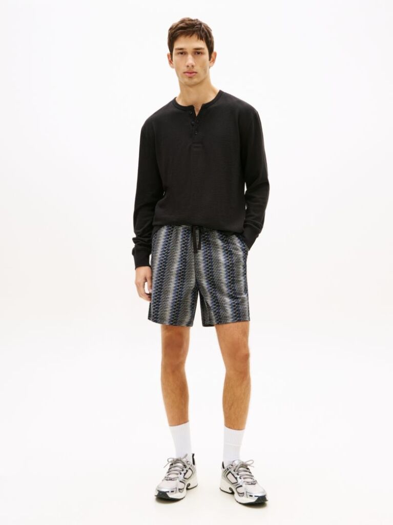 Black Waffle Knit Long Sleeve Henley Top  Men