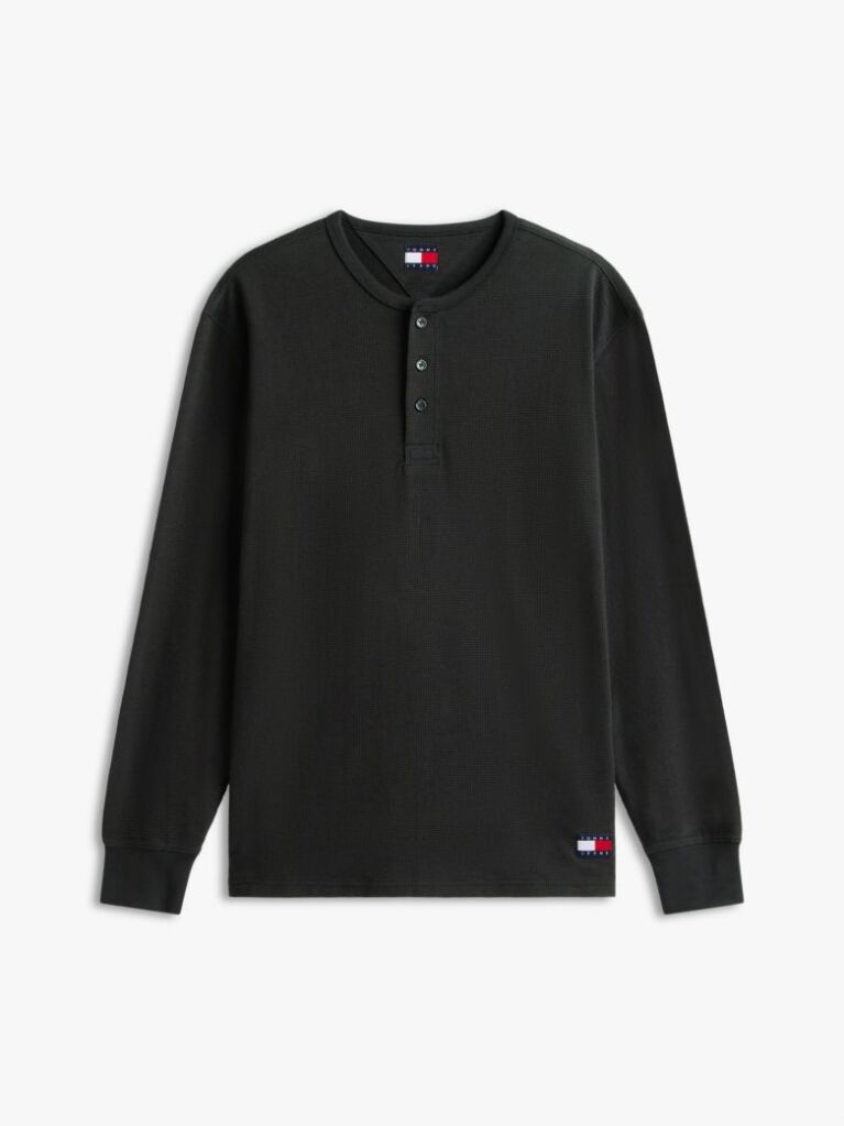 Black Waffle Knit Long Sleeve Henley Top  Men