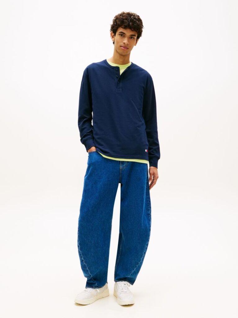 Blue Waffle Knit Long Sleeve Henley Top  Men