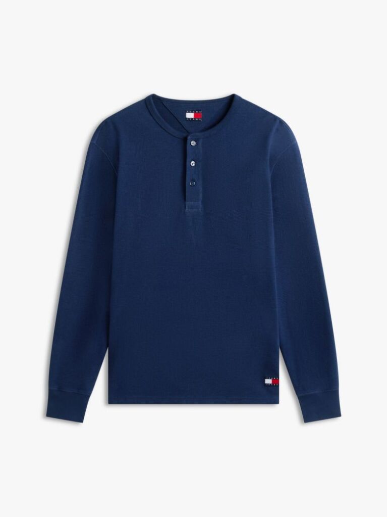 Blue Waffle Knit Long Sleeve Henley Top  Men
