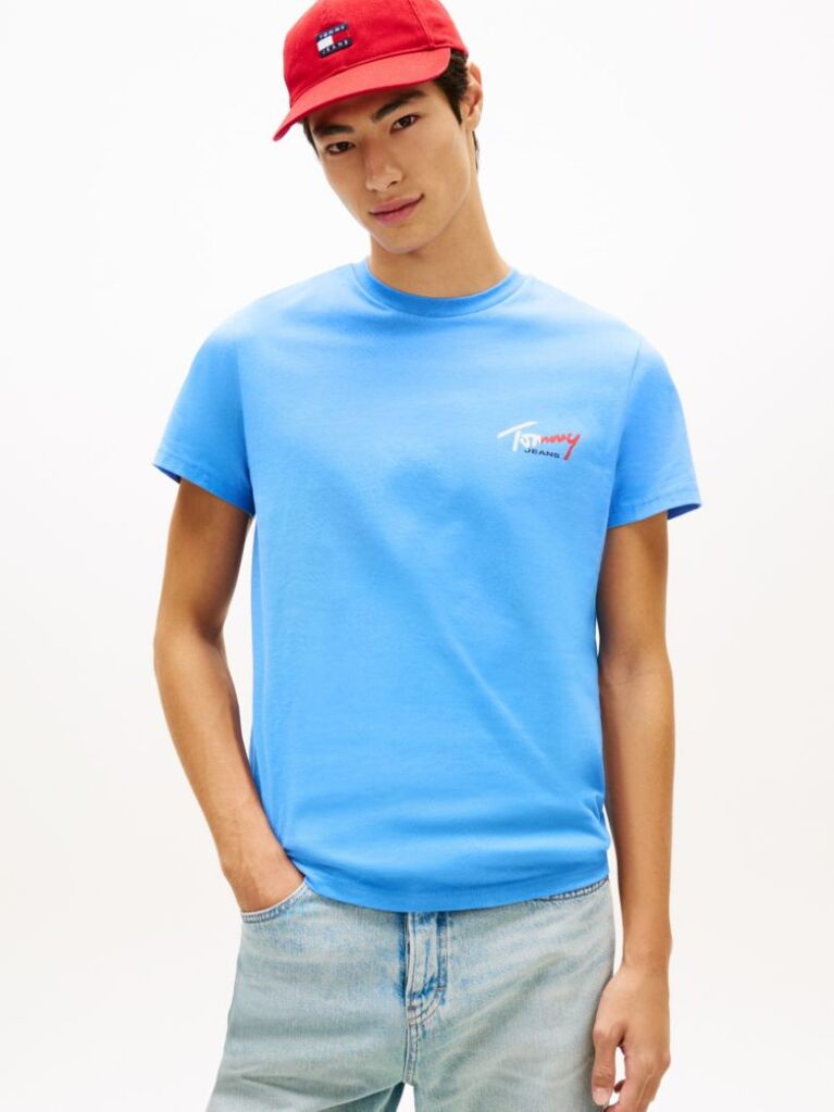 Μπλε Slim Βαμβακερό T-Shirt Με Signature Λογότυπο  Άνδρες