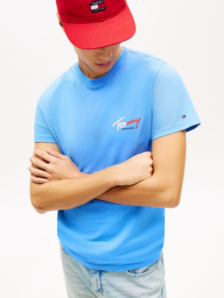 Μπλε Slim Βαμβακερό T-Shirt Με Signature Λογότυπο  Άνδρες