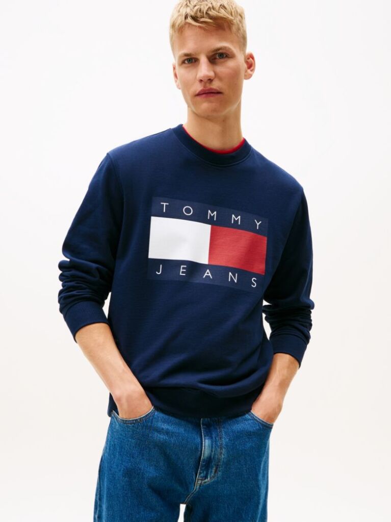 Blue Regular Tonal Flag Crew Neck Sweatshirt  Men