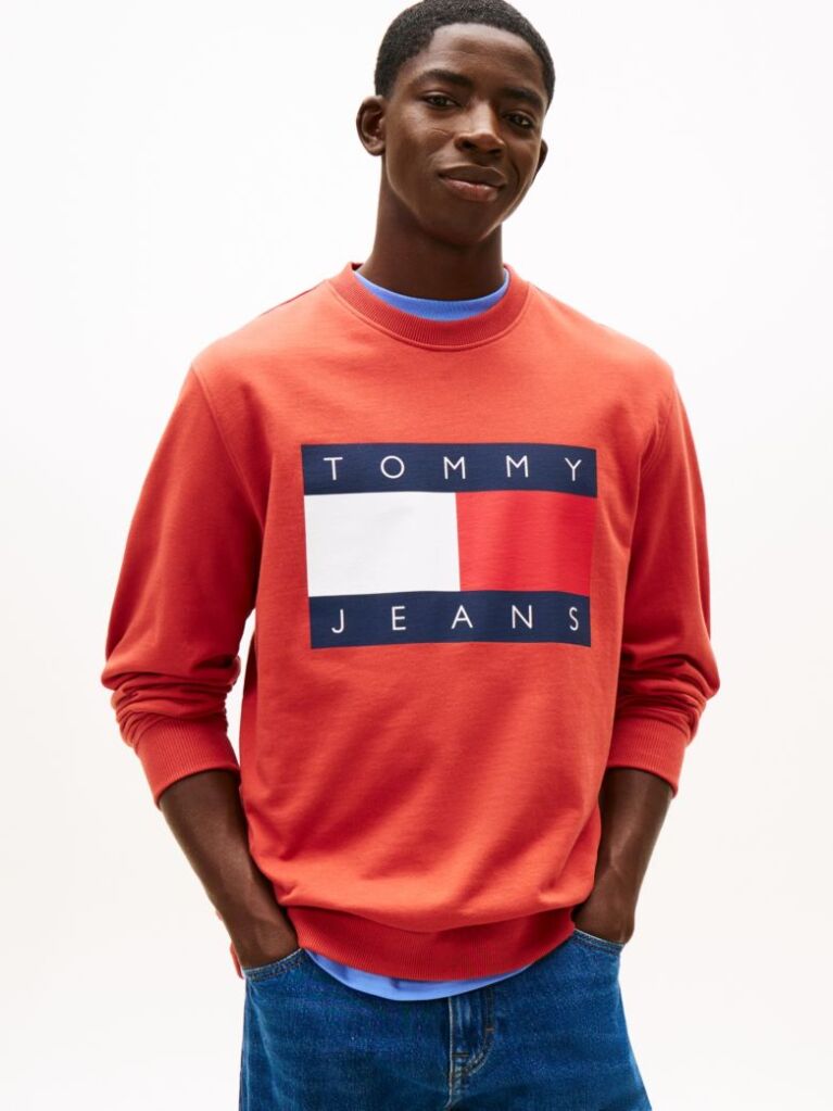 Red Regular Tonal Flag Crew Neck Sweatshirt  Men